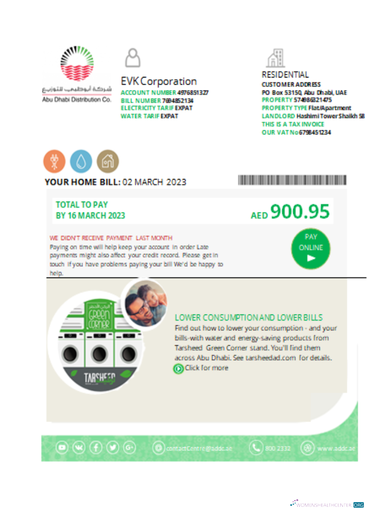 Download Abu Dhabi Distribution water utility business bill, SCR Photoshop template